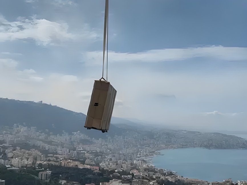 Safe being installed via crane over Jounieh bay